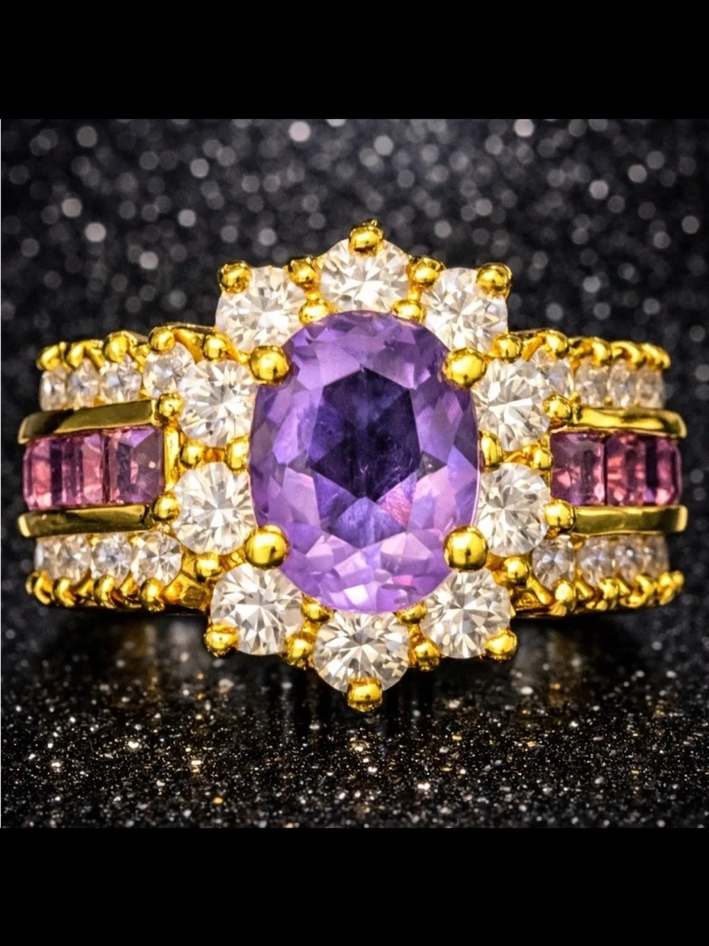 Suzanne Somers vintage amethyst oval round princess cut CZ cocktail ring gold